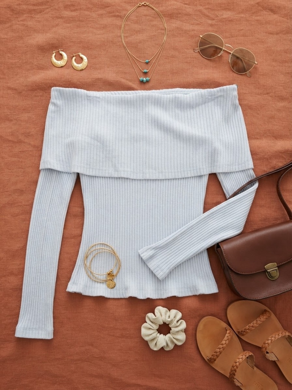 Urban Outfitters Off-the-Shoulder Ribbed Sweater - Light Blue